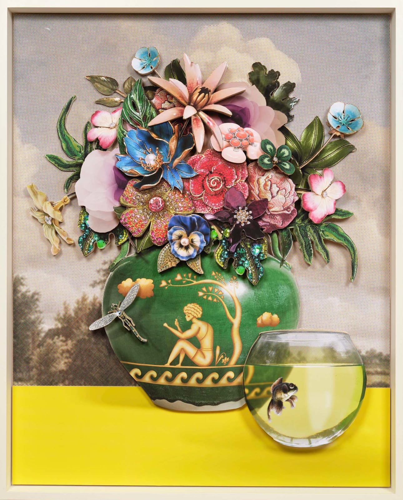 bouquet of flowers made out of jewelry and representations of flowers blooming out of vase, with goldfish in a fishbowl, by Ron Norsworthy