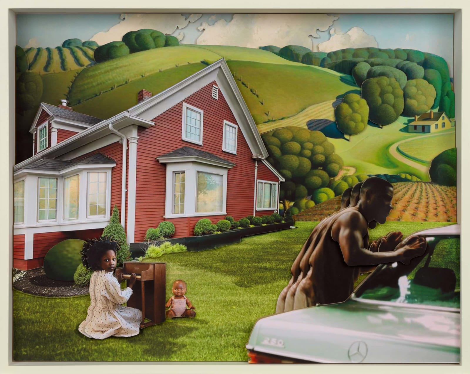 A surreal wood relief collage by Ron Norsworthy showing a red house, a child at a toy piano, and a man pushing a car in a stylized pastoral landscape.
