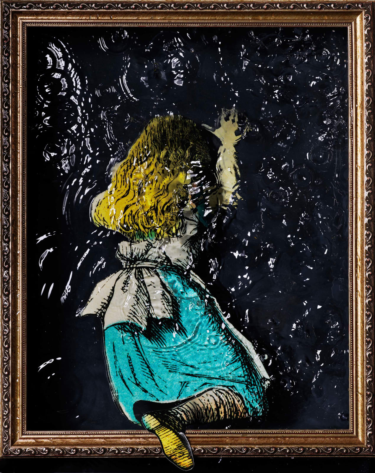 Abelardo Morell Alice in Wonderland Through the Looking Glass illustration of Alice falling into water with gold frame