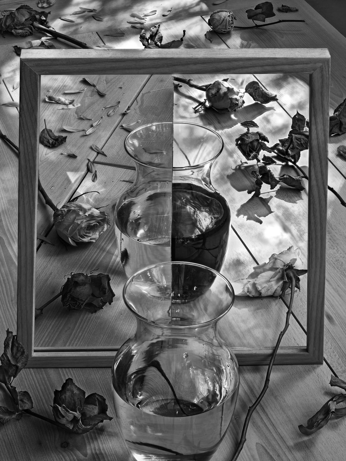 Abelardo Morell Flowers for Lisa #66 After Lewis Carroll black and white photograph of illusion of vase of water with reflection of vase and flower that pierces the mirror