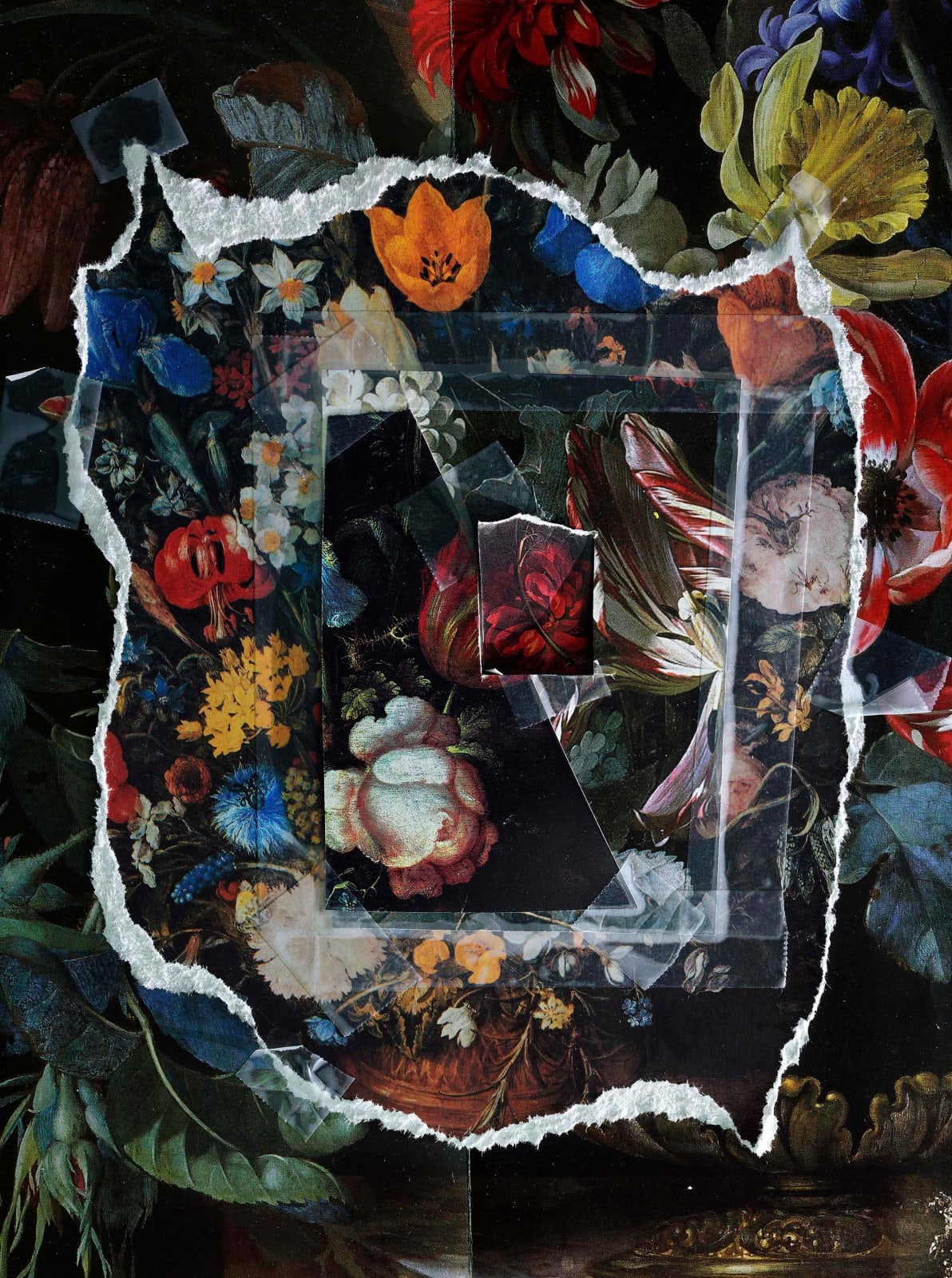 Abelardo Morell Flowers for Lisa #55 cut outs pages from art history books of flowers collaged