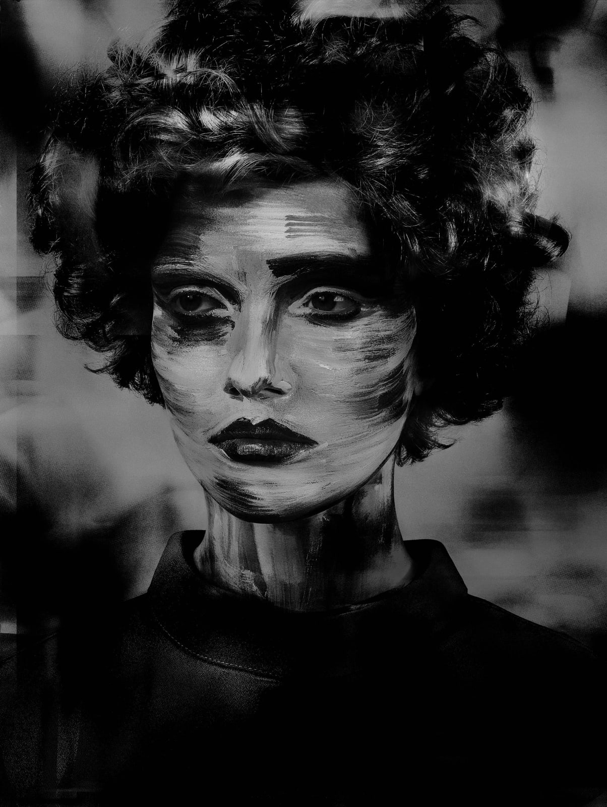 Valérie Belin Painted Ladies Lady Stroke black and white portrait of woman with short dark hair and painted face and strokes digital effects