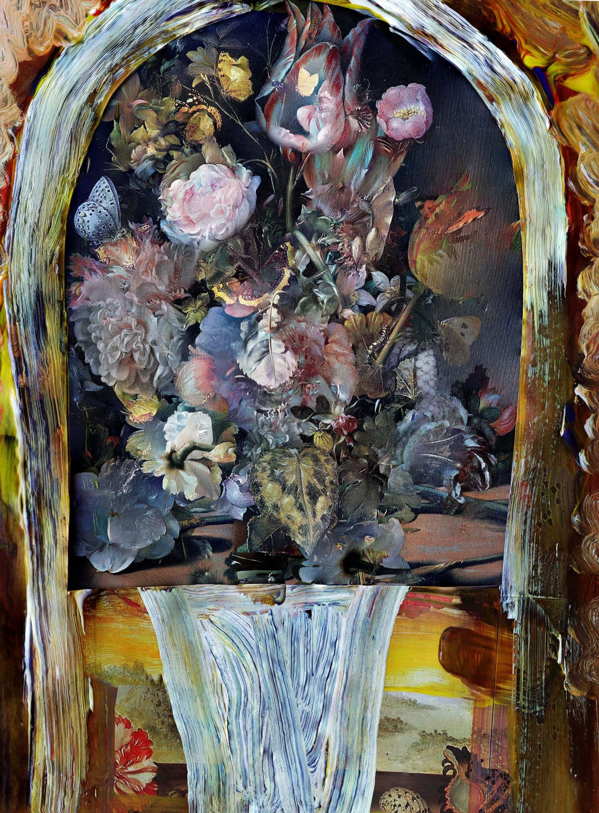 Abelardo Morell Flowers for Lisa #17 multiple exposures of floral illustrations and painting of a vase and corridor