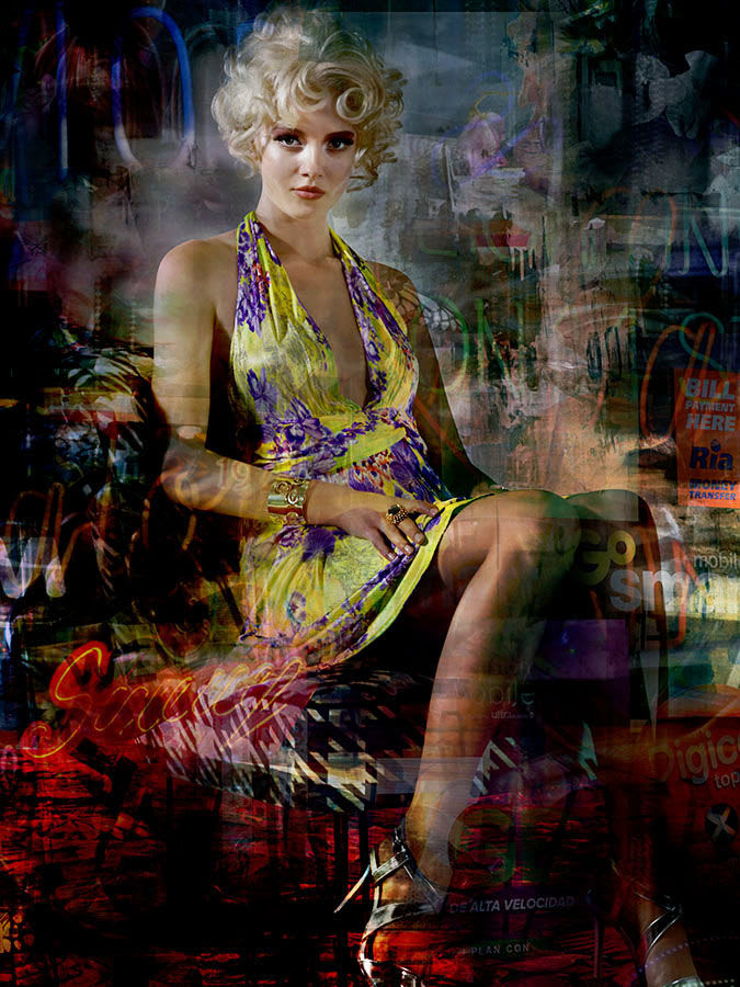 Valérie Belin Portrait of Gaby Modern Royals blonde woman seated in chair with digital background