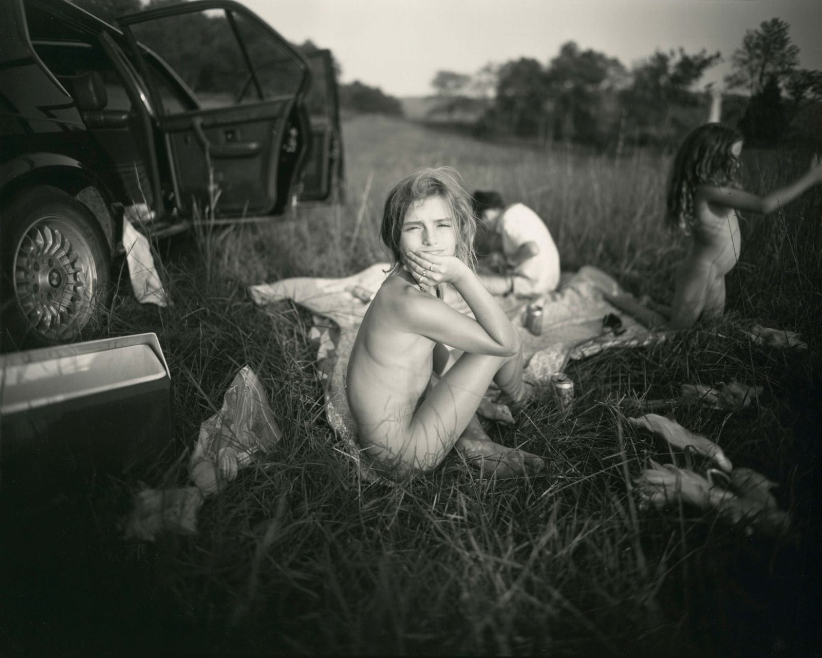 Three children having picnic in the grass after Monet's Luncheon on the Grass by Sally Mann