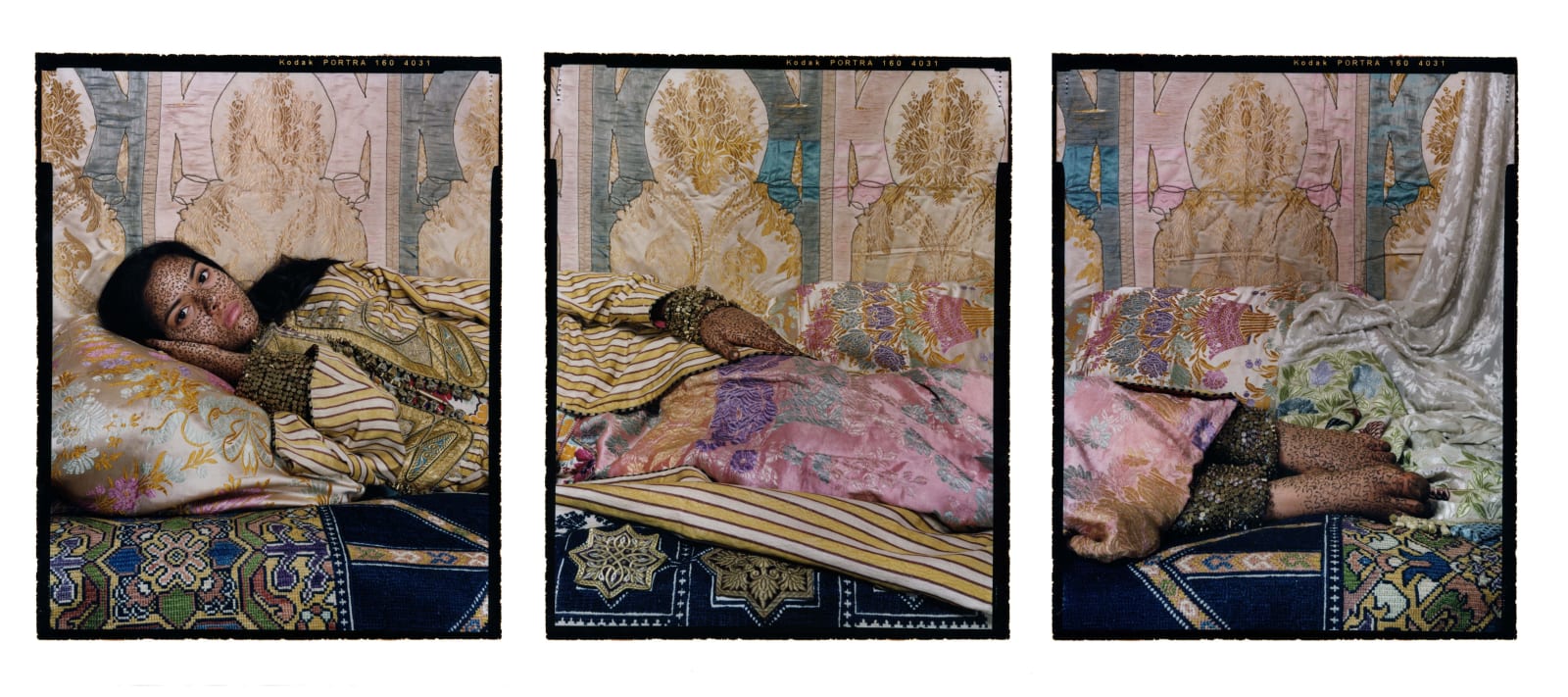 Triptych of woman reclining in colorful silk robes, by Lalla Essaydi