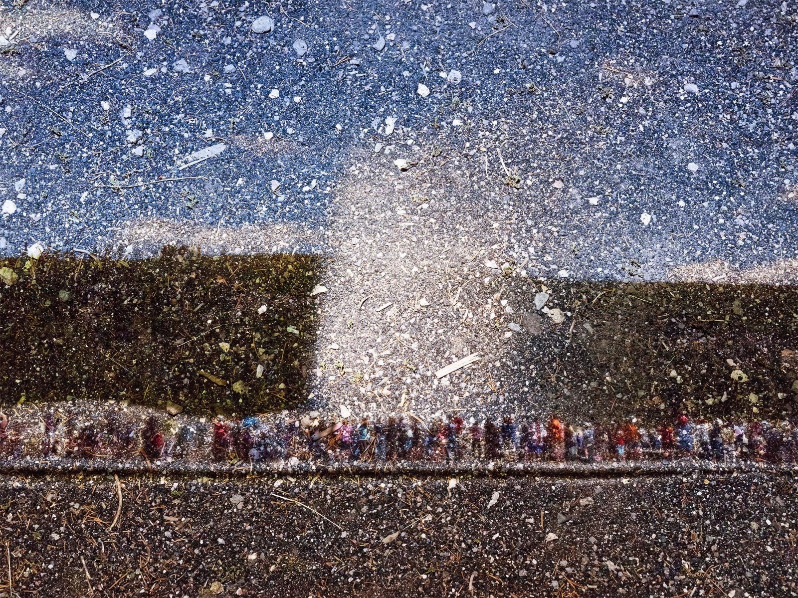 Abelardo Morell Tent Camera Image on Ground View of Old Faithful Geyser Yellowstone National Park Wyoming Old Faithful and crowd in confetti looking Pointillist image 