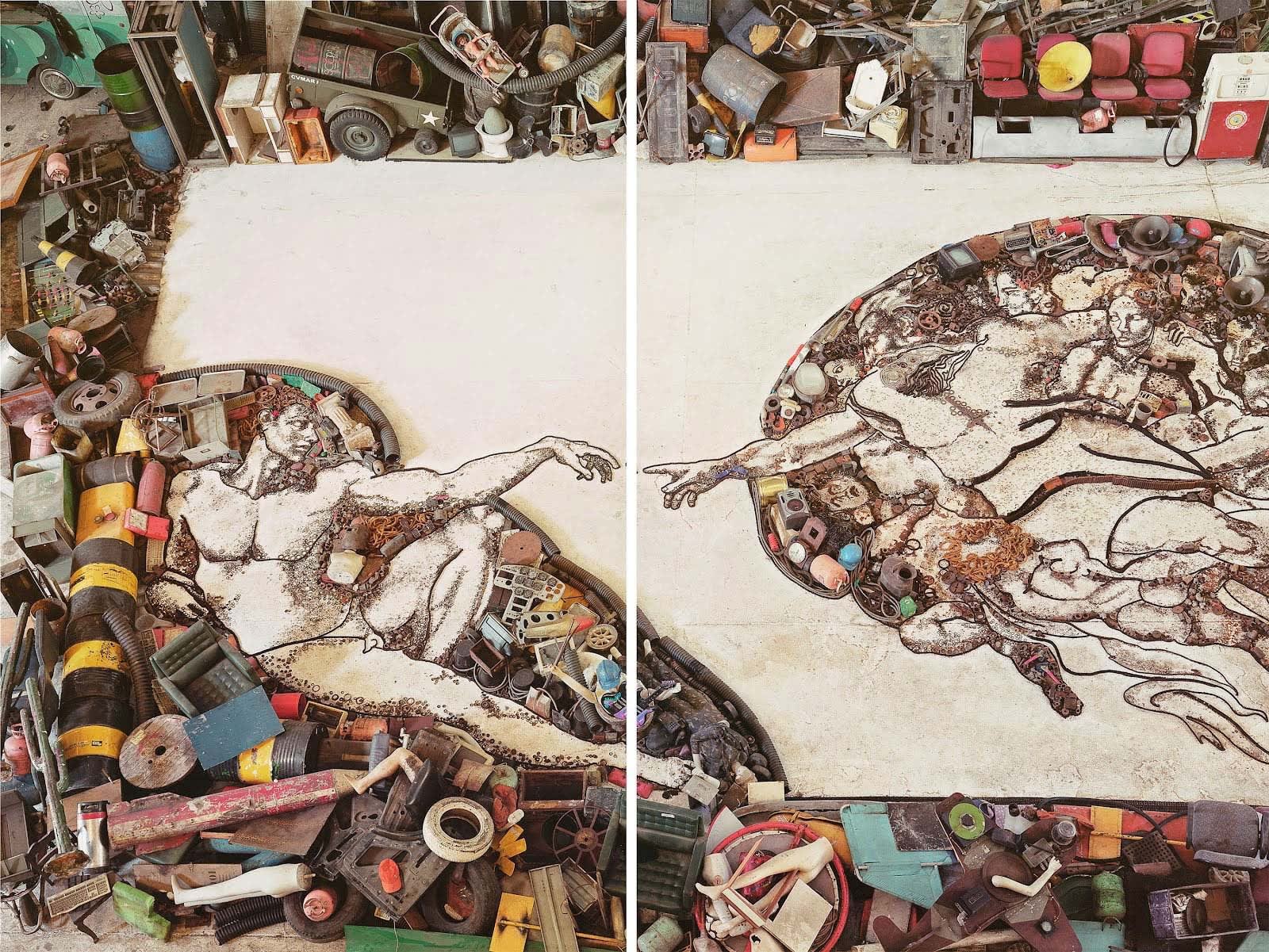 Vik Muniz diptych photographs of Michelangelo's Creation of Adam made with arranged pieces of junk against white background