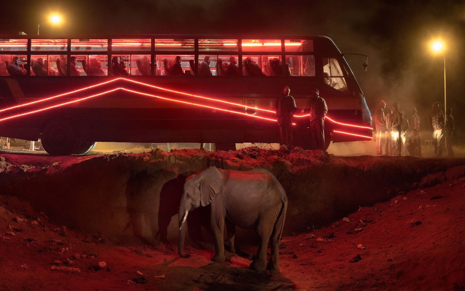 Nick Brandt, Bus Station With Elephant & Red Bus, 2018