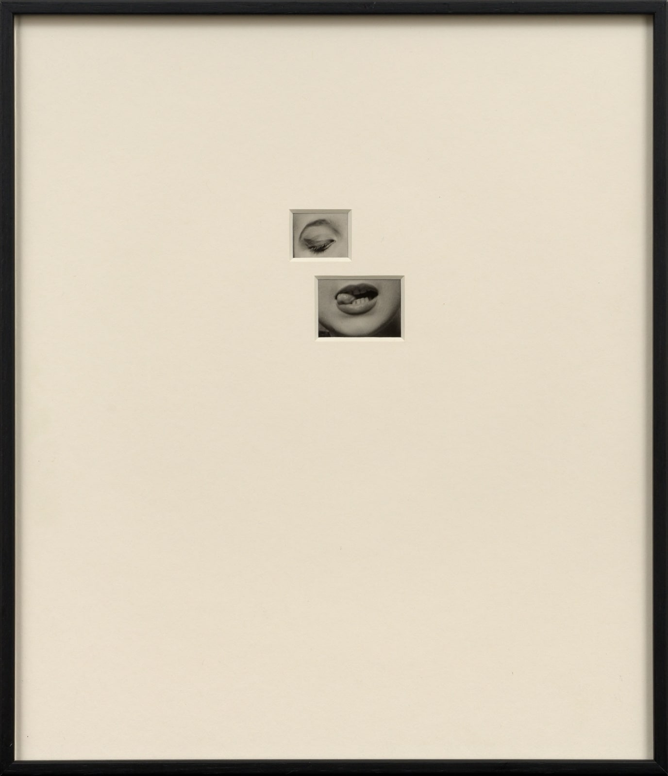 Framed photograph with overmat and two windows revealing woman's eye and mouth with tongue by Sissi Farassat