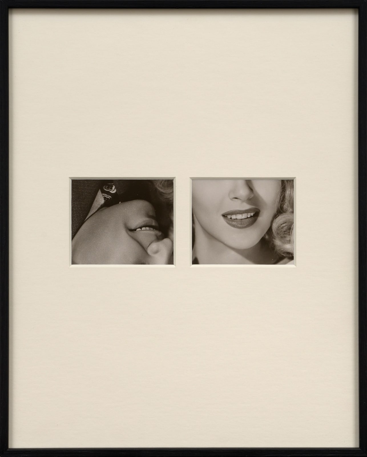 Framed photograph with overmat and two window cutouts showing upside down male face and right side up female face by Sissi Farassat