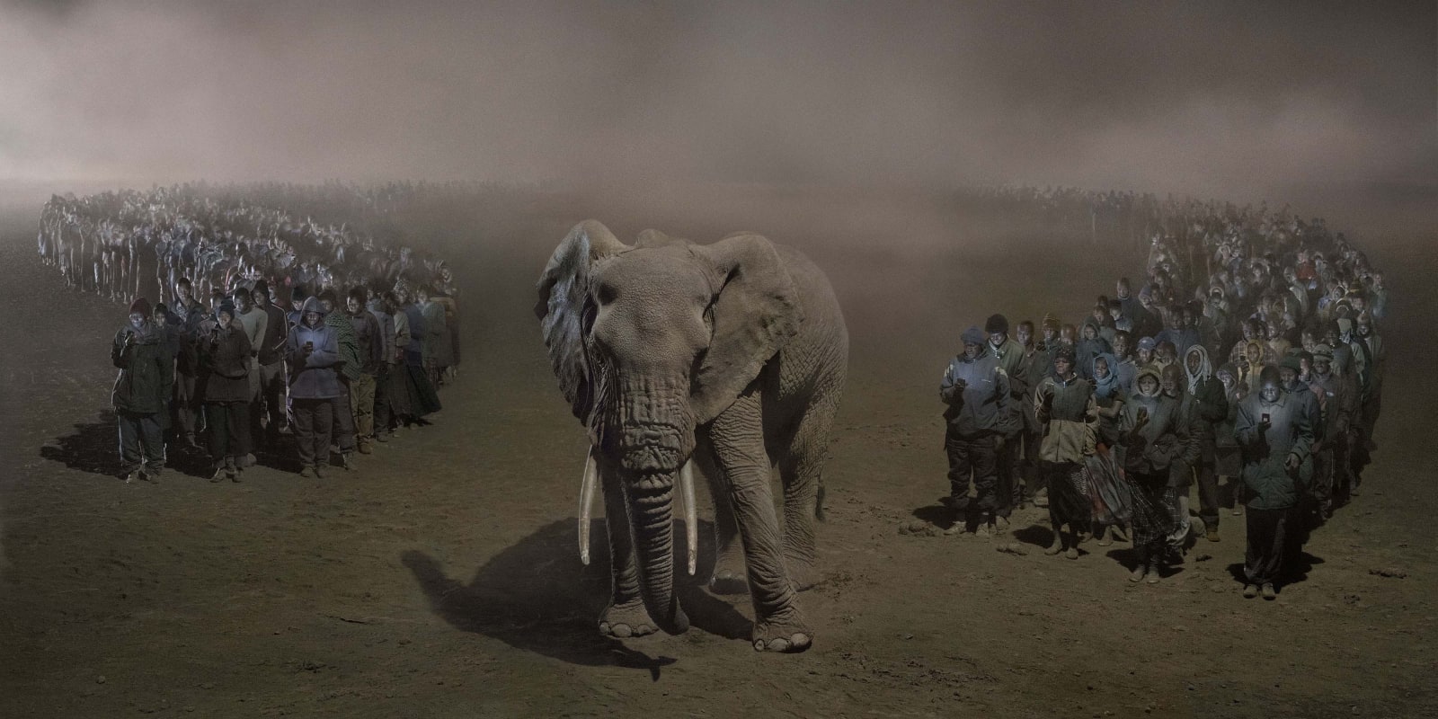 Nick Brandt, River of People With Elephant at Night, 2018