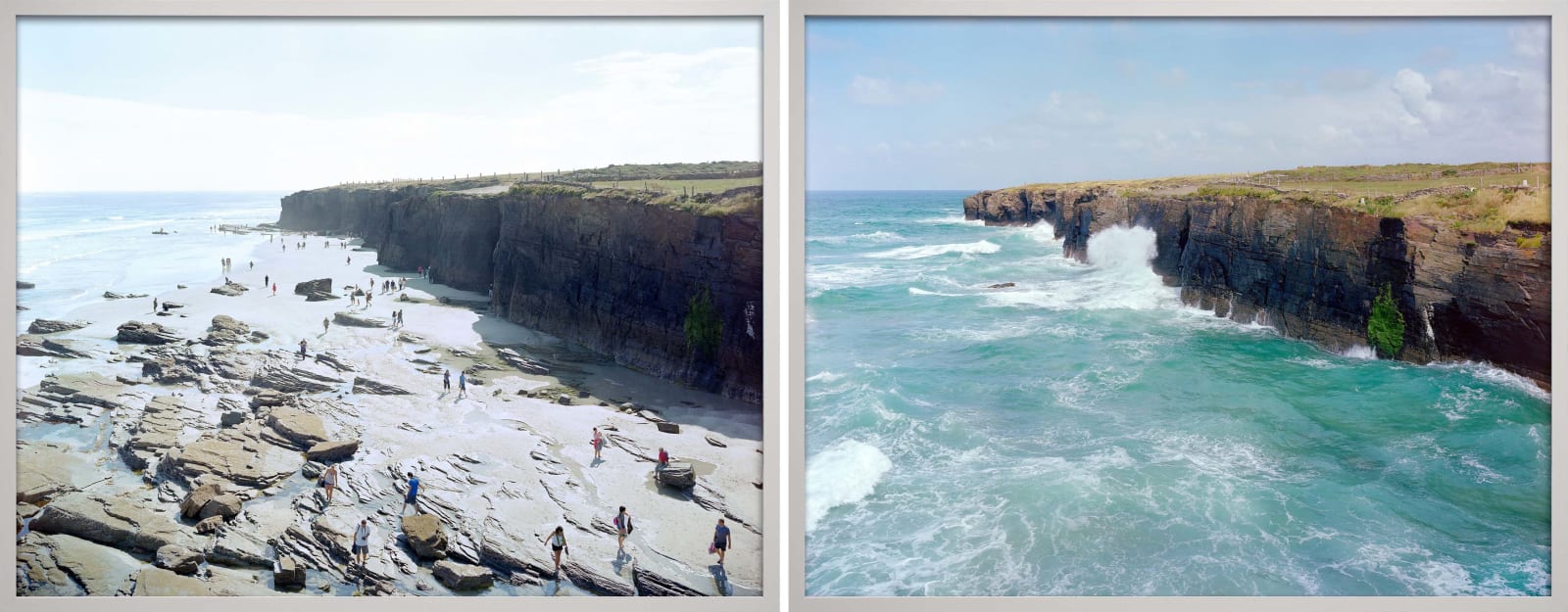 Diptych with low tide and high tide at Playa de las Catedrales in Ribadeo, Spain by Massimo Vitali