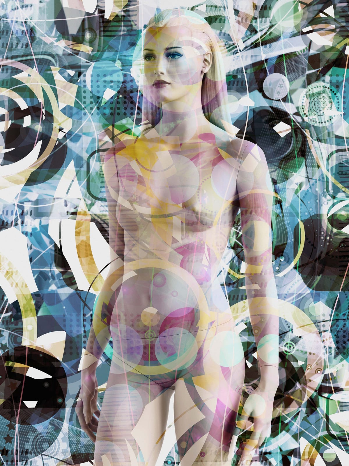 Valérie Belin Ishtar Super Models nude blonde mannequin with multiple exposure image with blue and green abstract shapes 