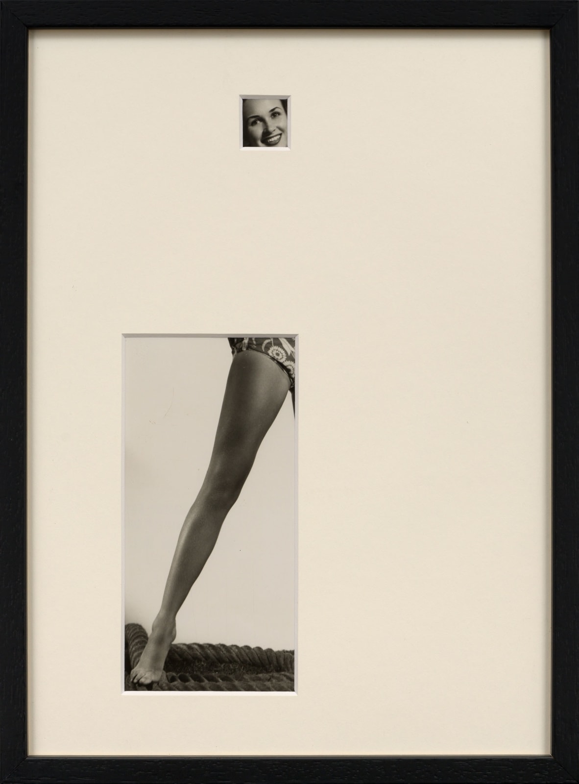 Framed photograph with overmat and cutouts showing photograph of woman's face and leg by Sissi Farassat