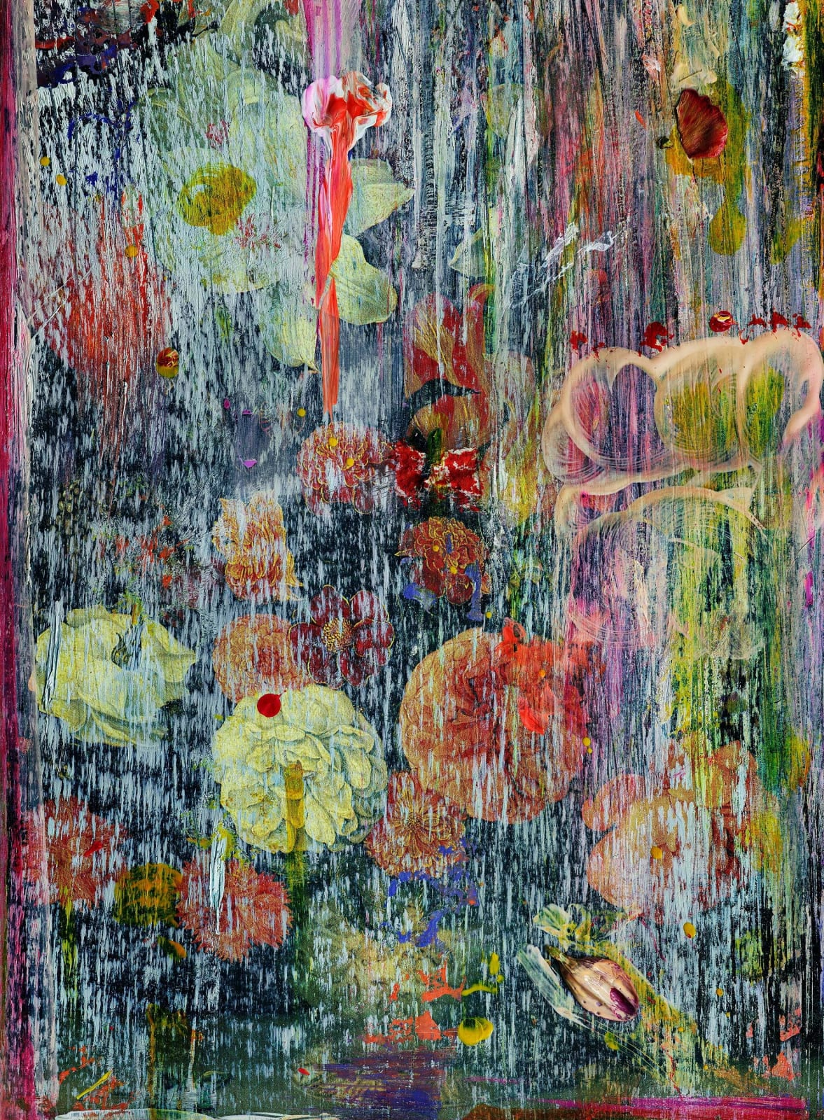 Abelardo Morell Flowers for Lisa #53 page from an art book with floral illustrations with painting added palimpsest