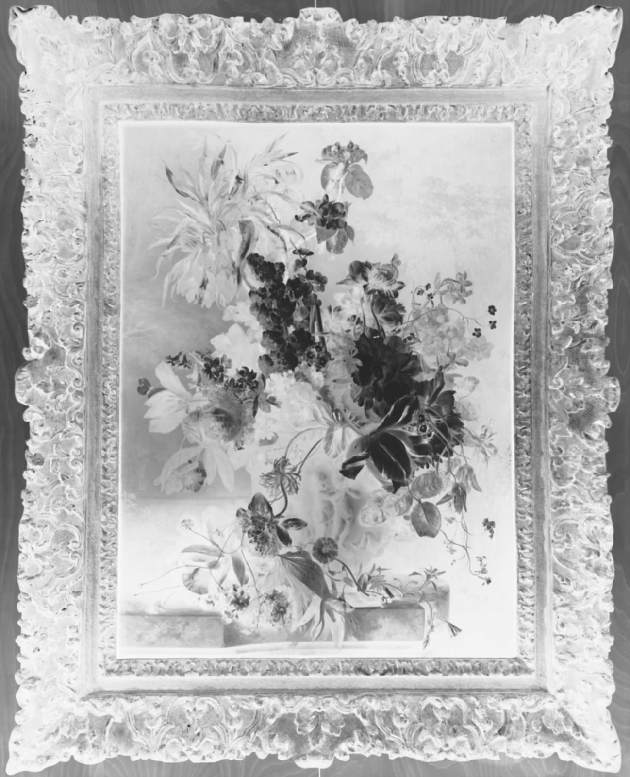 camera obscura image of Jan van Huysum's painting Bouquet of Flowers in an Urn from LACMA collection