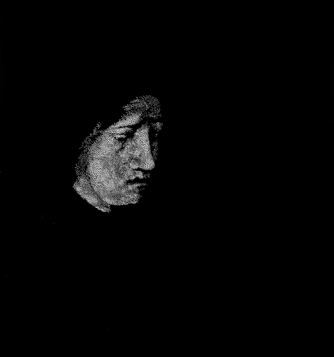 Sebastiaan Bremer Saskia black and white image of Old Masters style portrait of man's head painted with dots emerging from black background