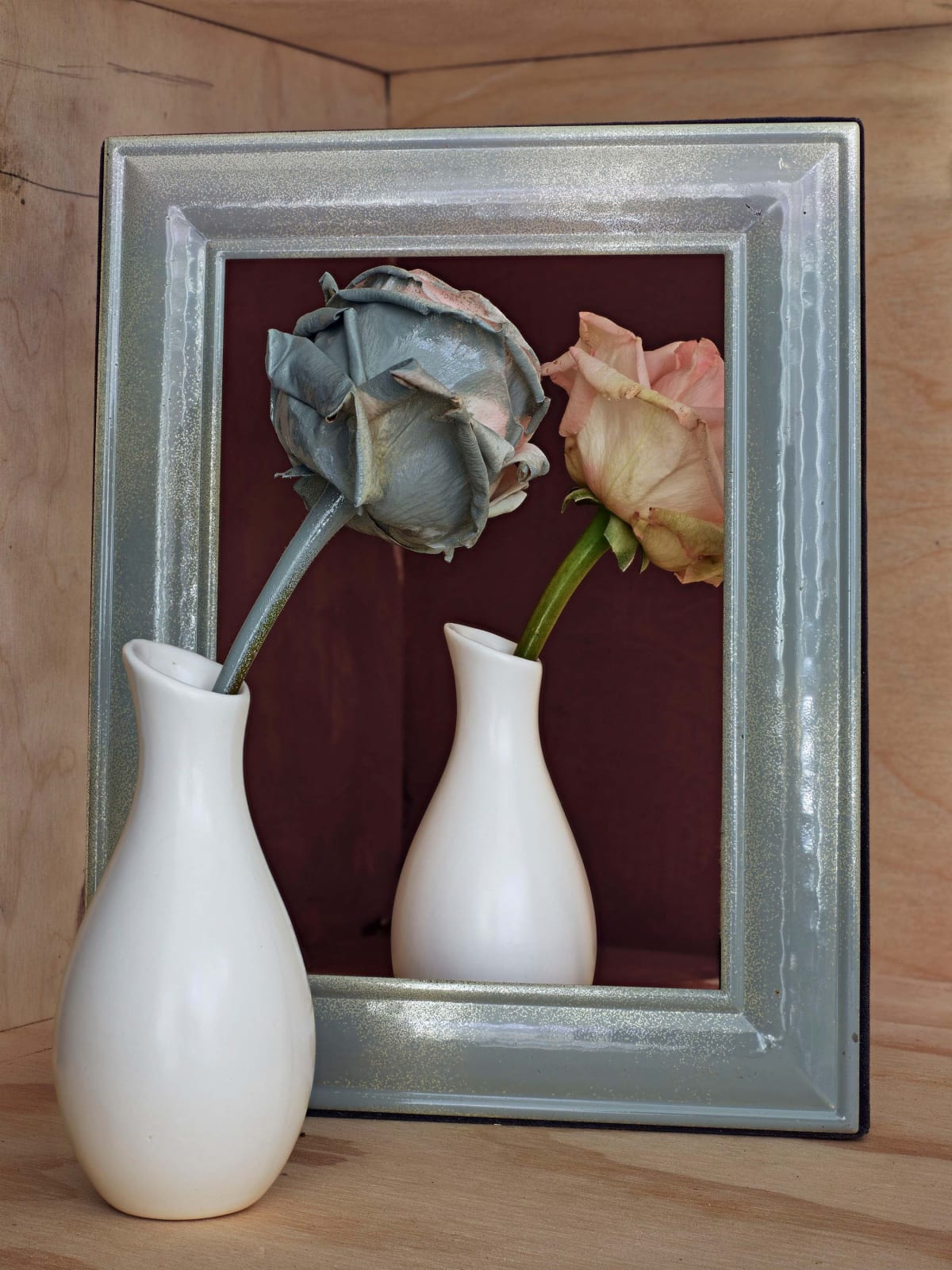 Abelardo Morell Flowers for Lisa #13 pink rose half painted blue in vase in mirror illusion of two roses Magritte style