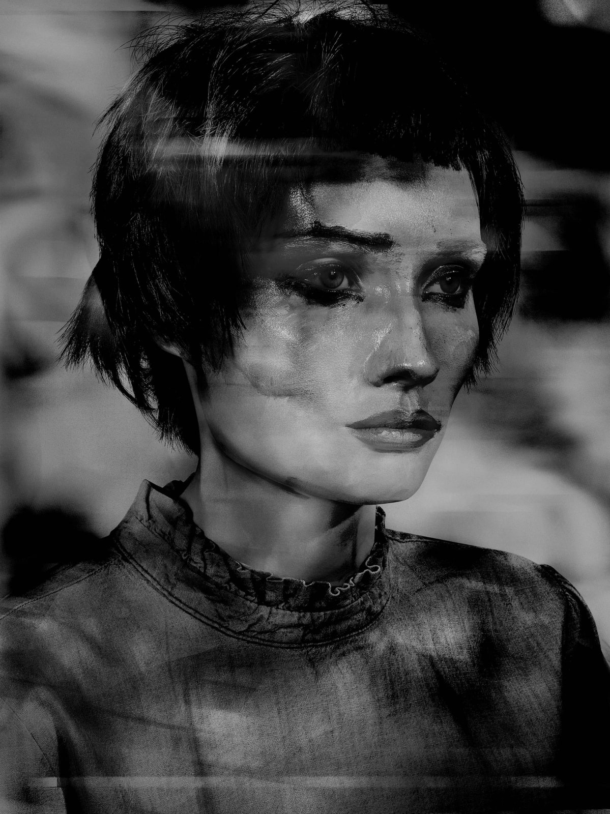 Valérie Belin Painted Ladies Lady Pastel black and white portrait of woman with short dark hair and painted face and pastel digital effects
