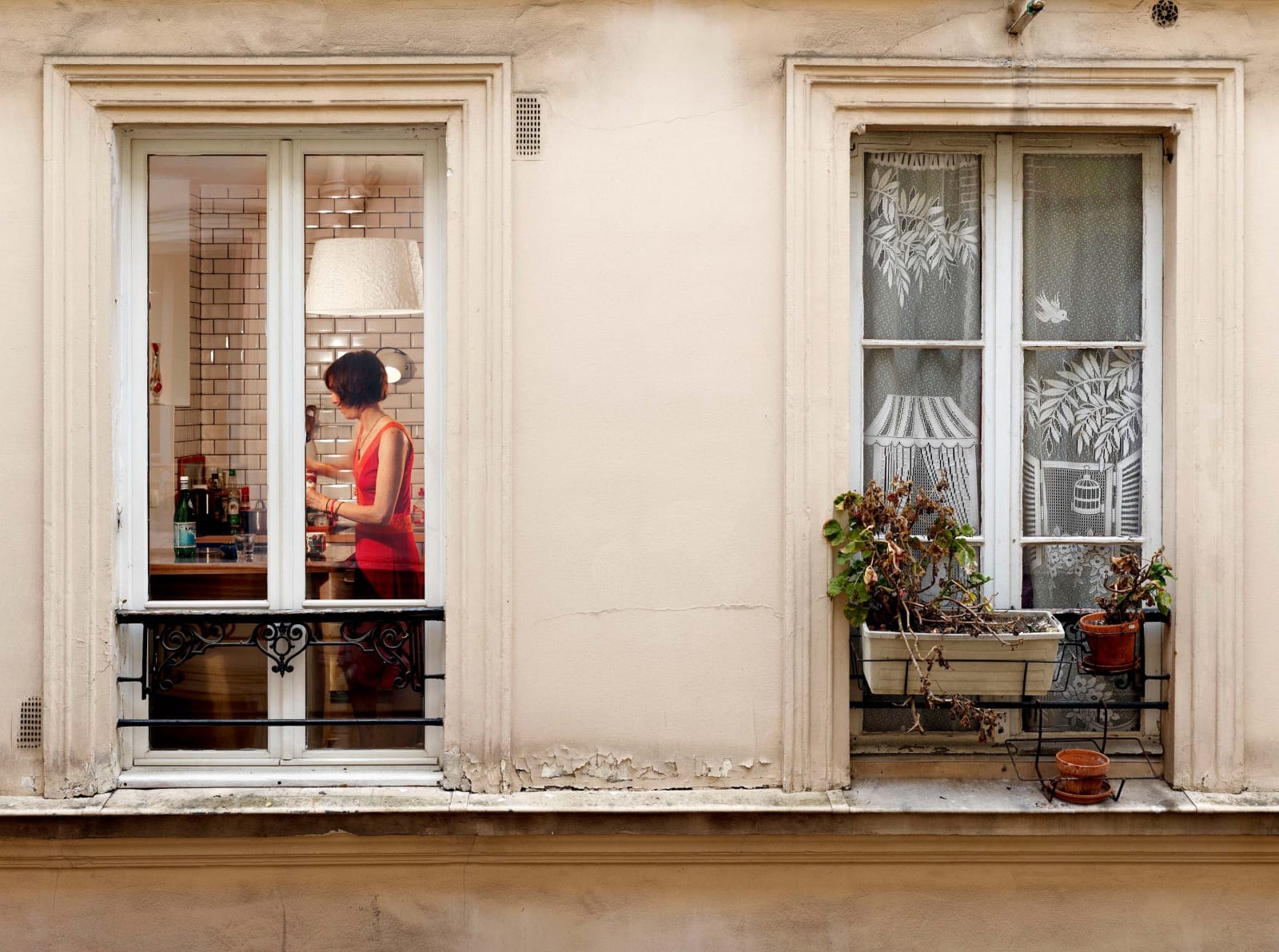 Gail Albert Halaban Out My Window Rue Jouye Rouve, Paris, 20e, le 18 mai woman in red dress in kitchen window box planter