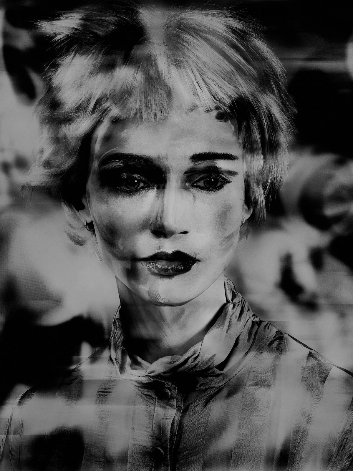 Valérie Belin Painted Ladies Lady Shadow black and white portrait of woman with short blonde hair and painted face and shadowed digital effects