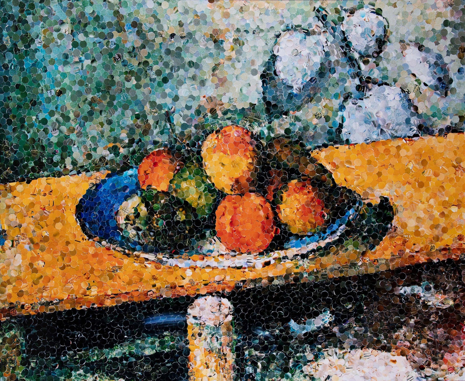 Vik Muniz Apples Peaches Pears and Grapes After Cezanne picture of hole punched magazine to imitate Cezanne painting of fruit