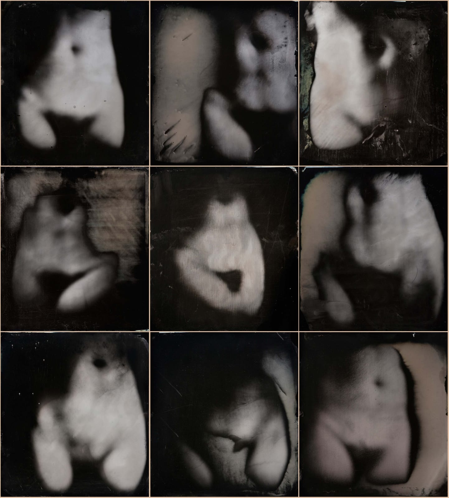 Sally Mann grid of 9 ambrotypes of her torso, from the Upon Reflection series