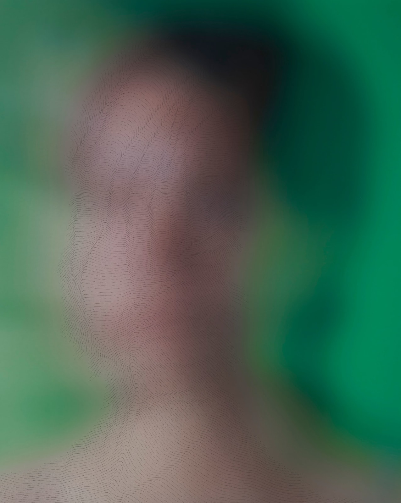 Sebastiaan Bremer, Portrait of Sophie 3, blurry portrait of dark haired woman in front of green background with drawing on top