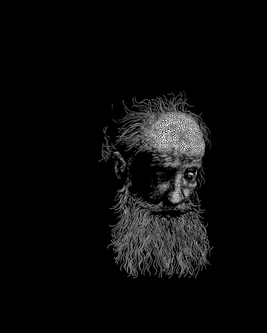 Sebastiaan Bremer Man with Flowing Beard black and white image of Old Masters style man's head painted with dots emerging from black background