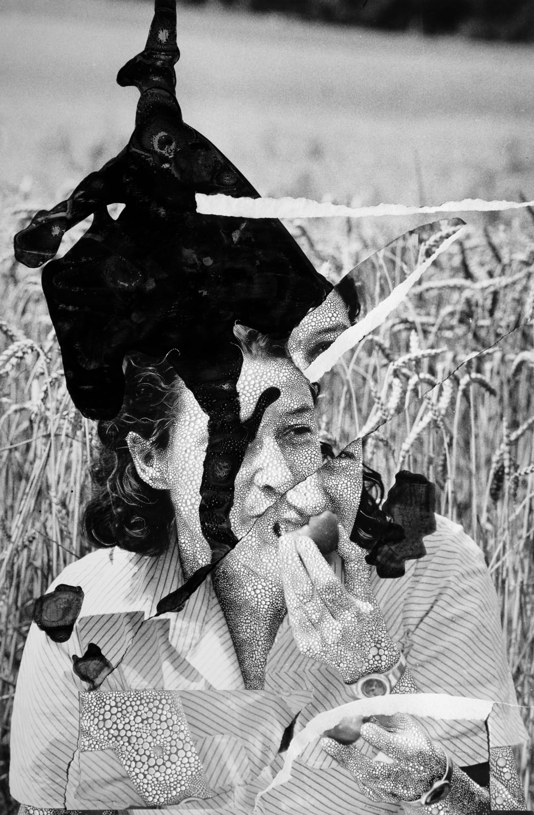 Sebastiaan Bremer Veronica Wheat black and white portrait of woman with painted dots and ripped paper