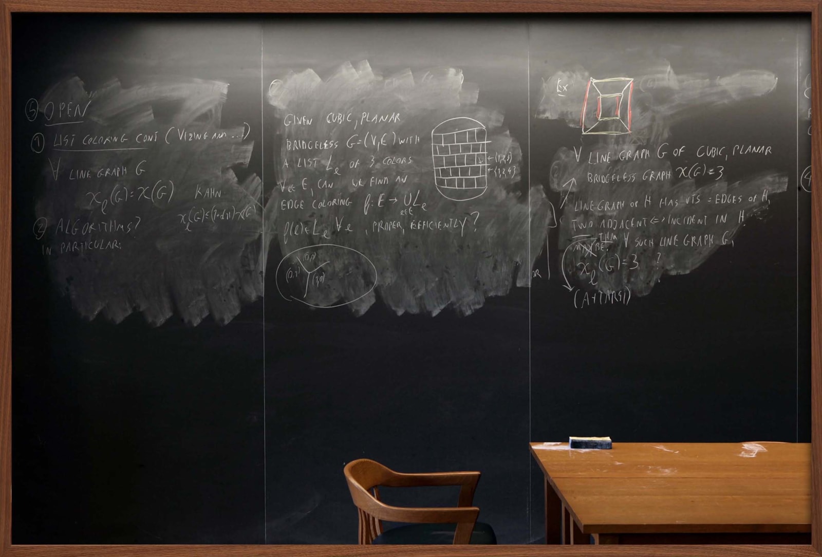 Wall sized chalkboard with erasures and formulas by professor Noga Alon, with wooden chair and desk in front, from the Do Not Erase series by Jessica Wynne