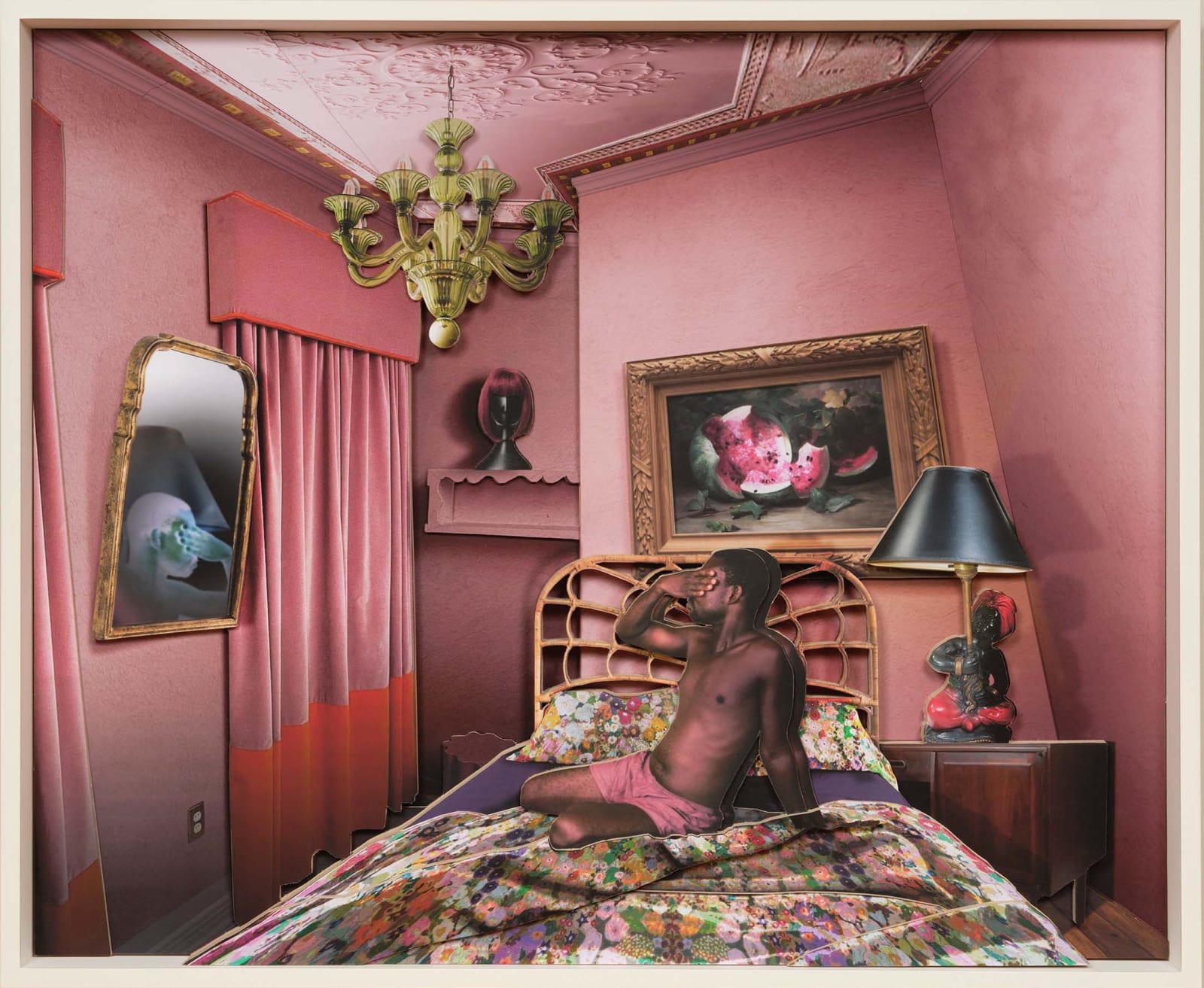 man covering his eyes in front of mirror in pink interior by Ron Norsworthy