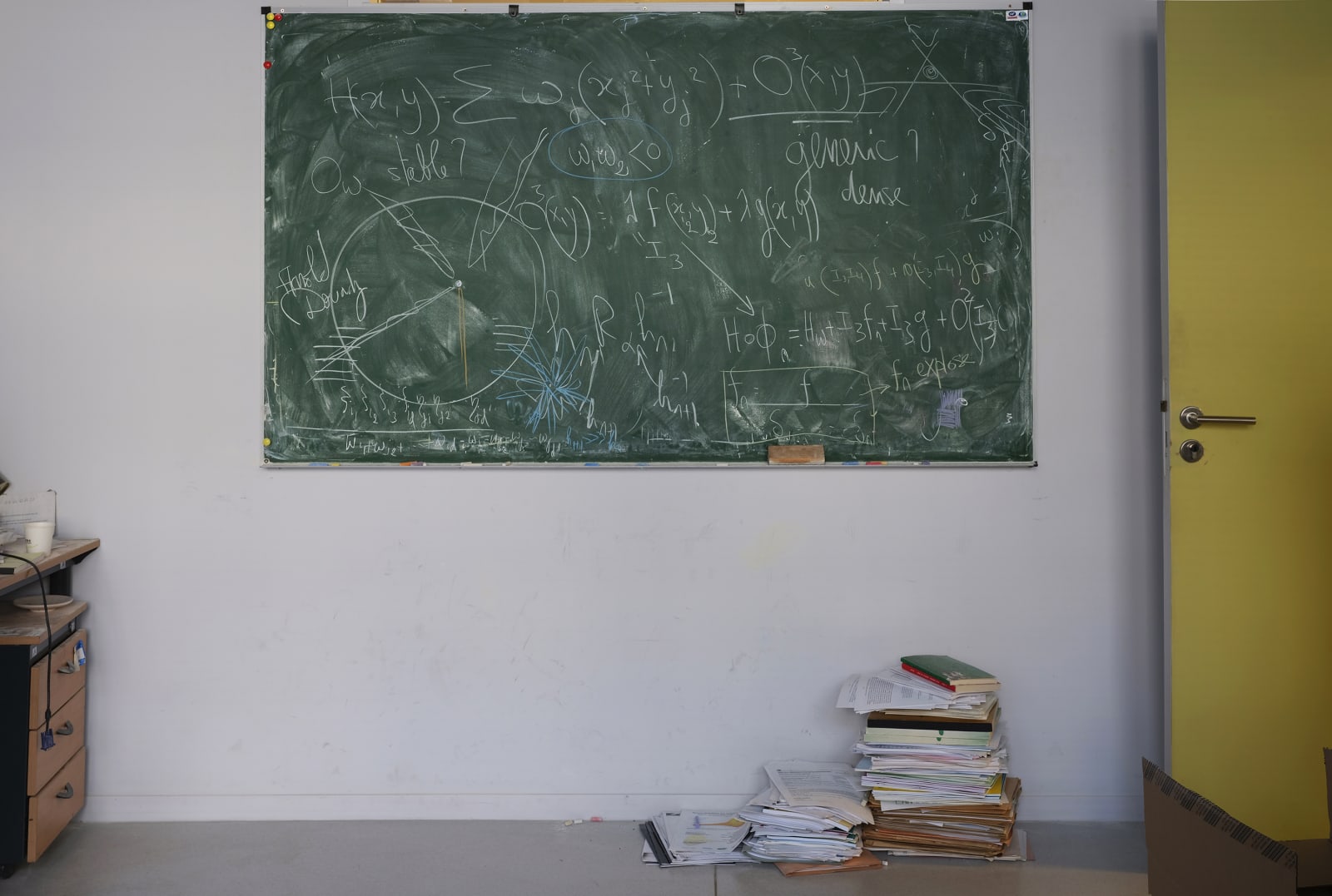 Green chalkboard in office of Professor Bassam Fayad, from the Do Not Erase series by Jessica Wynne