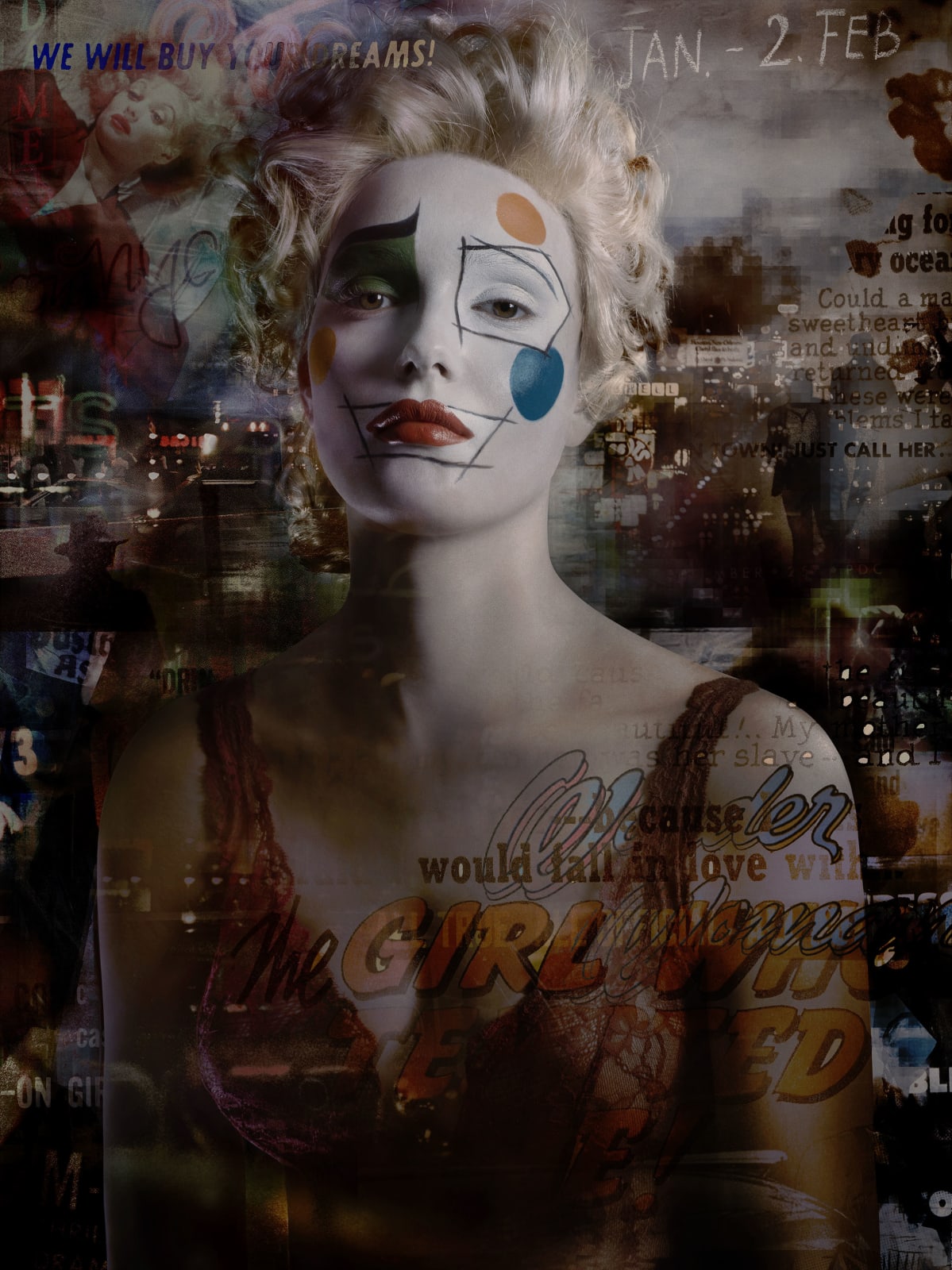 Valérie Belin The Girl who Never Died portrait of woman in clown makeup with overlay of vintage city night scenes