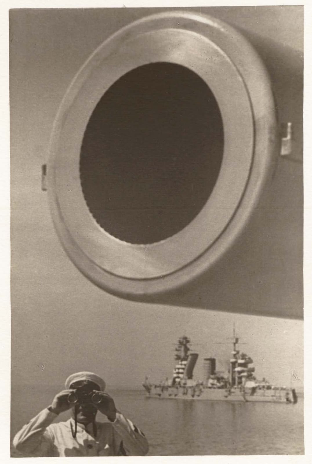 Yakov Khalip On Guard (Large-Bore Cannon), Baltic Fleet man looking through binoculars under huge cannon with ship in background
