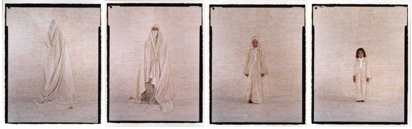 Four panels of figures in white clothing inscribed with henna calligraphy, by Lalla Essaydi