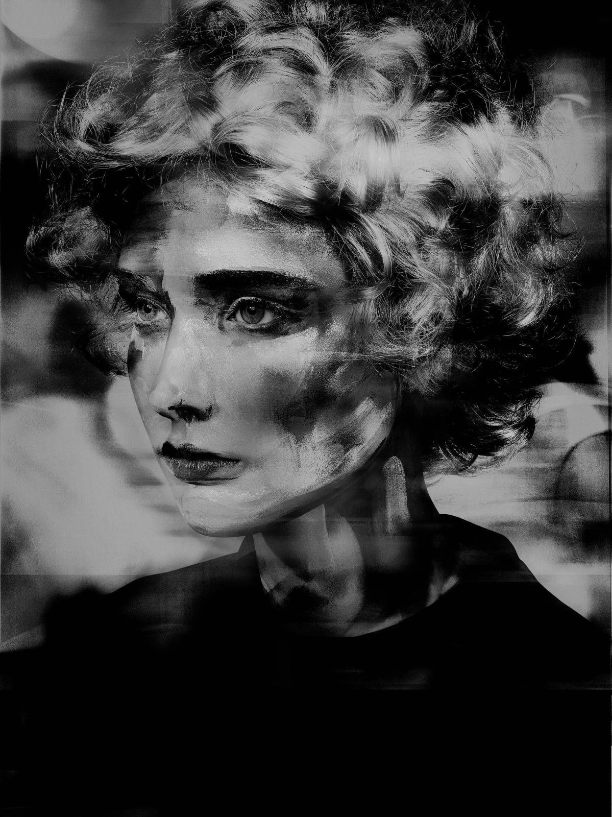 Valérie Belin Painted Ladies Lady Brush black and white portrait of woman with short blonde curly hair and brushed digital effects