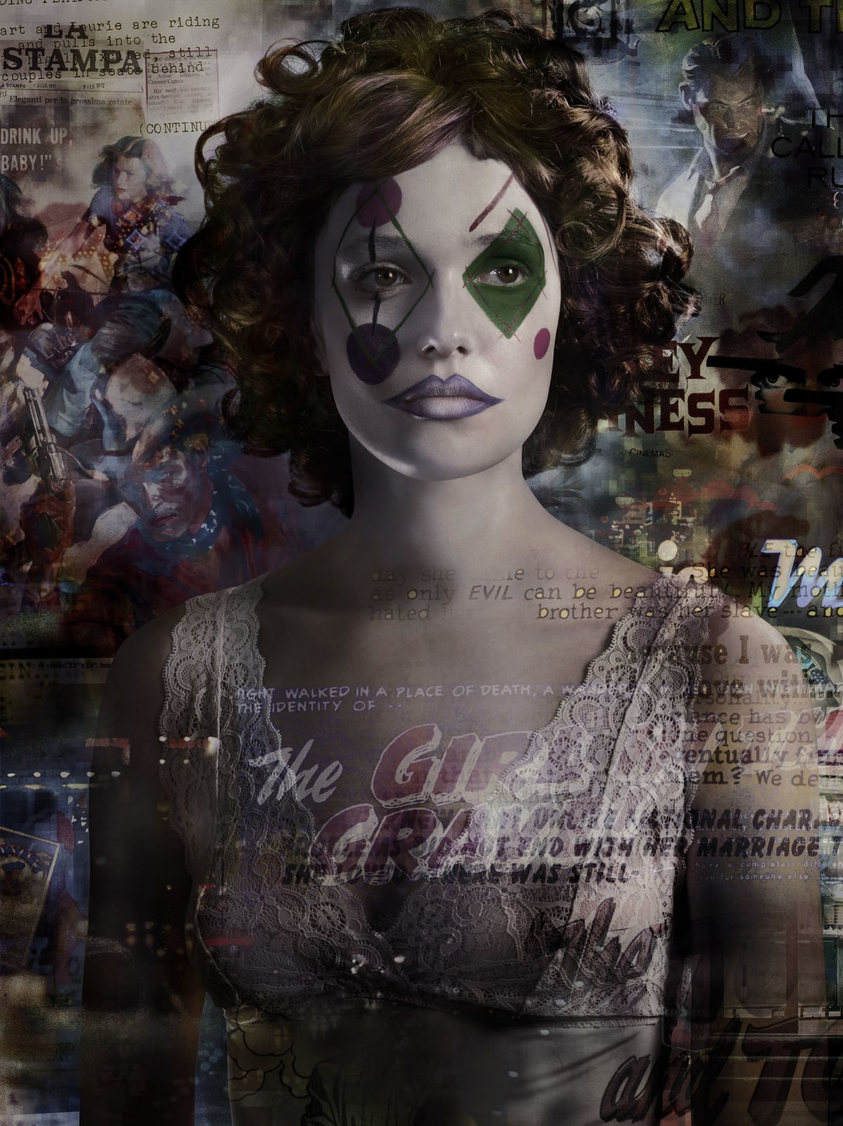 Valérie Belin Lady Western portrait of woman in clown makeup with overlay of vintage city night scenes