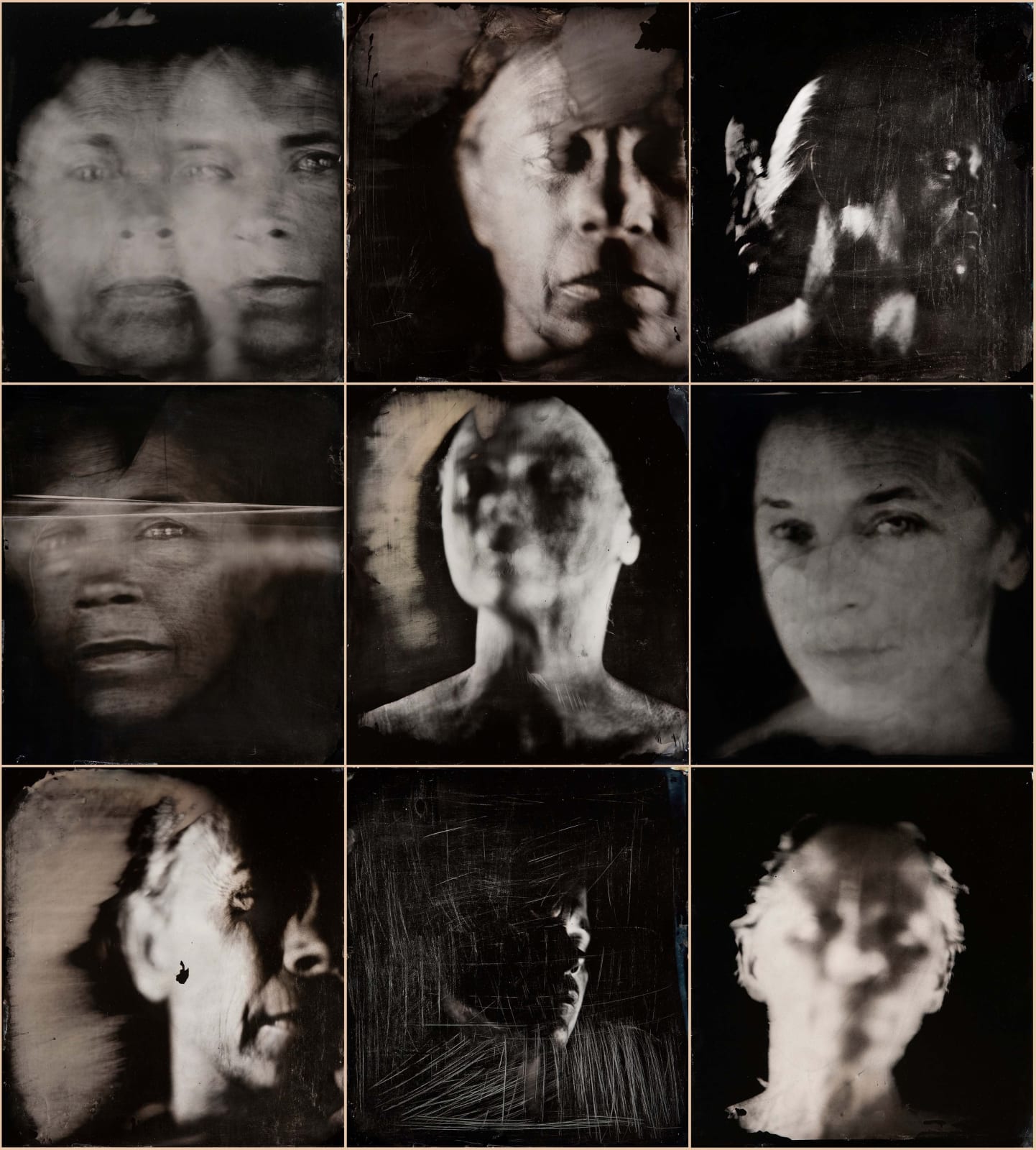 Sally Mann grid of 9 ambrotype self-portraits from the Upon Reflection series