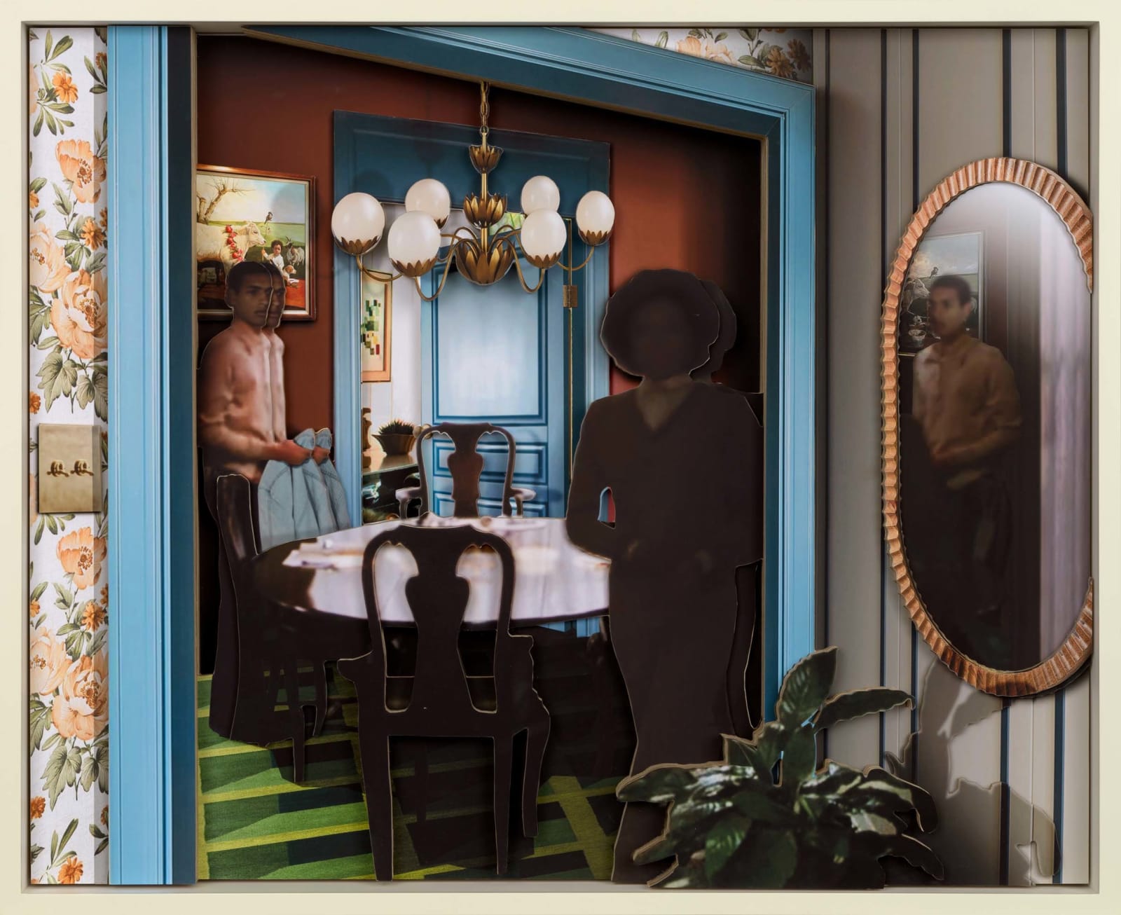 A wood relief collage by Ron Norsworthy showing figures in a richly colored dining room with blue trim, floral wallpaper, and reflections in a wall mirror.