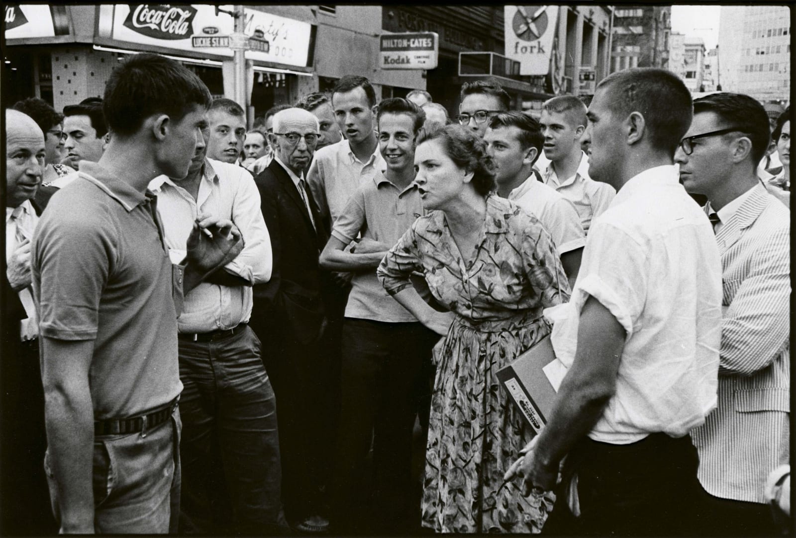Danny Lyon, Woman Holds Off a Mob, Atlanta, 1963