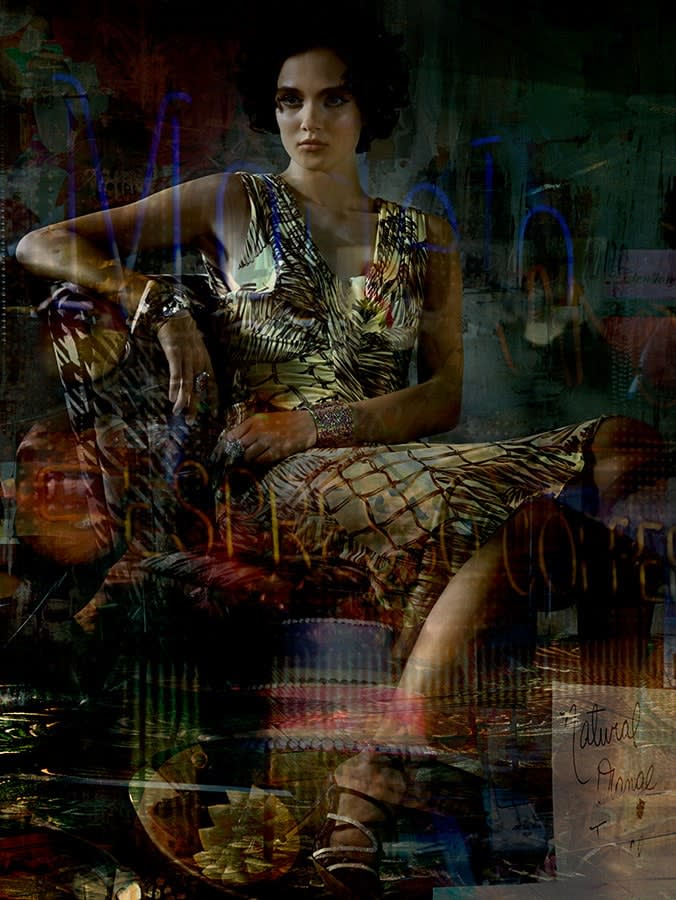 Valérie Belin Portrait of June Modern Royals brunette woman seated in chair with digital background