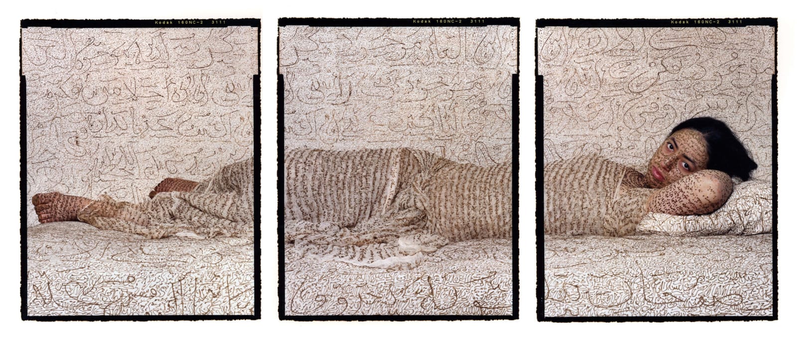 Triptych of woman reclining wearing clothing inscribed with henna calligraphy, by Lalla Essaydi