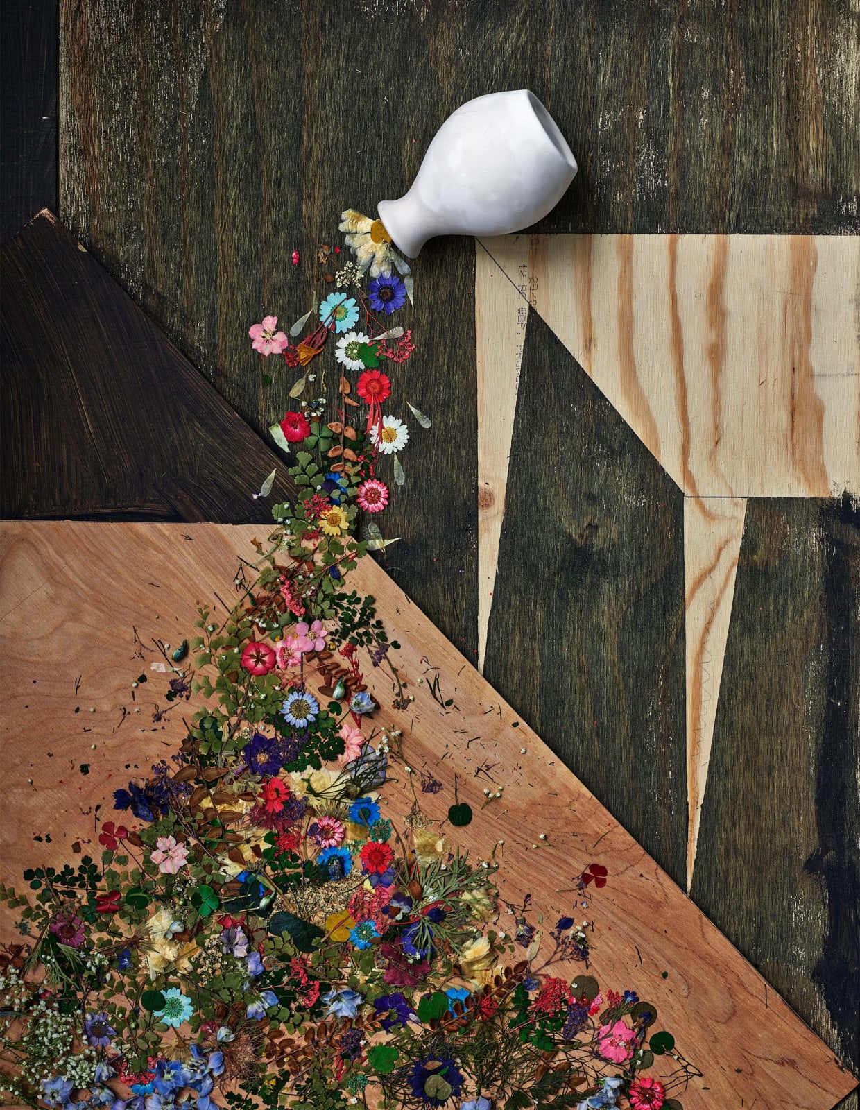 Abelardo Morell Flowers for Lisa #30 two dimensional illusion of vase of flowers tipping and spilling off table made of flat plywood