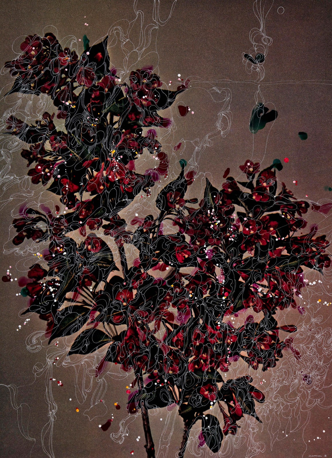 Cranberry colored diervilla flowers (bush honeysuckle) with hand painted embellishments, by Sebastiaan Bremer