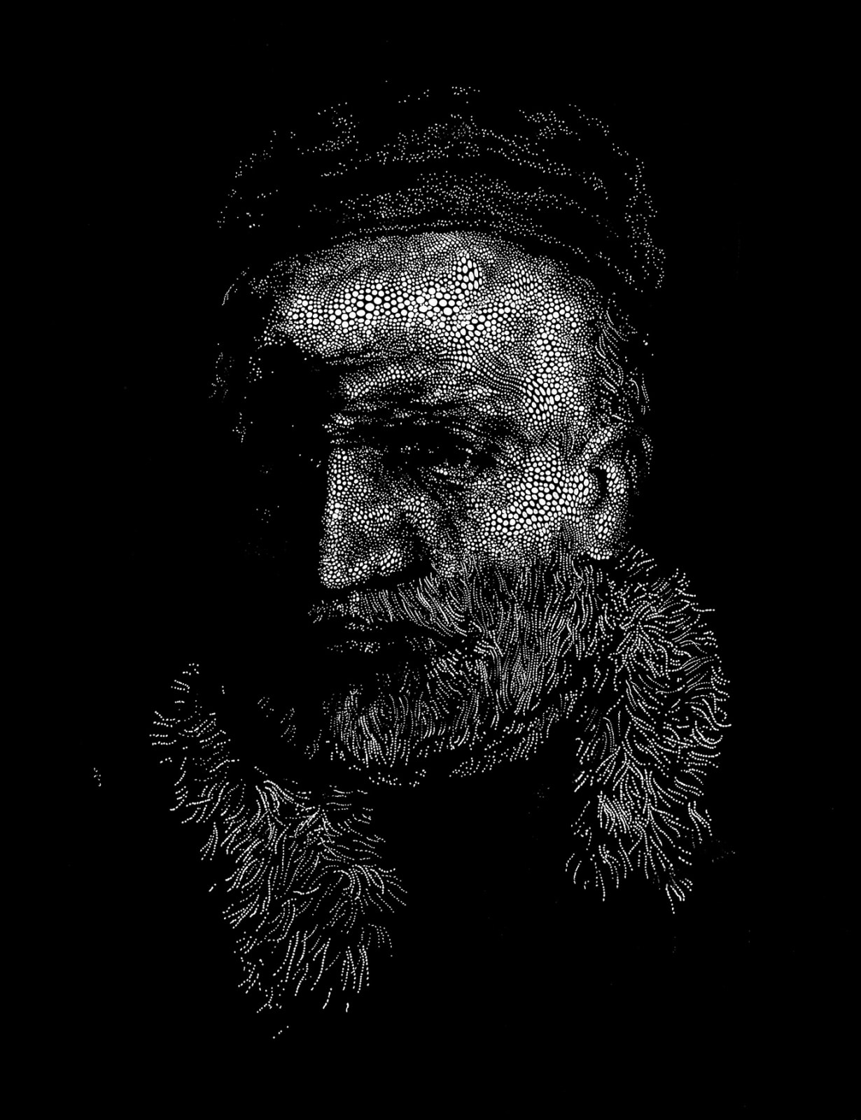 Sebastiaan Bremer Jan black and white image of Old Masters style man's head painted with dots emerging from black background