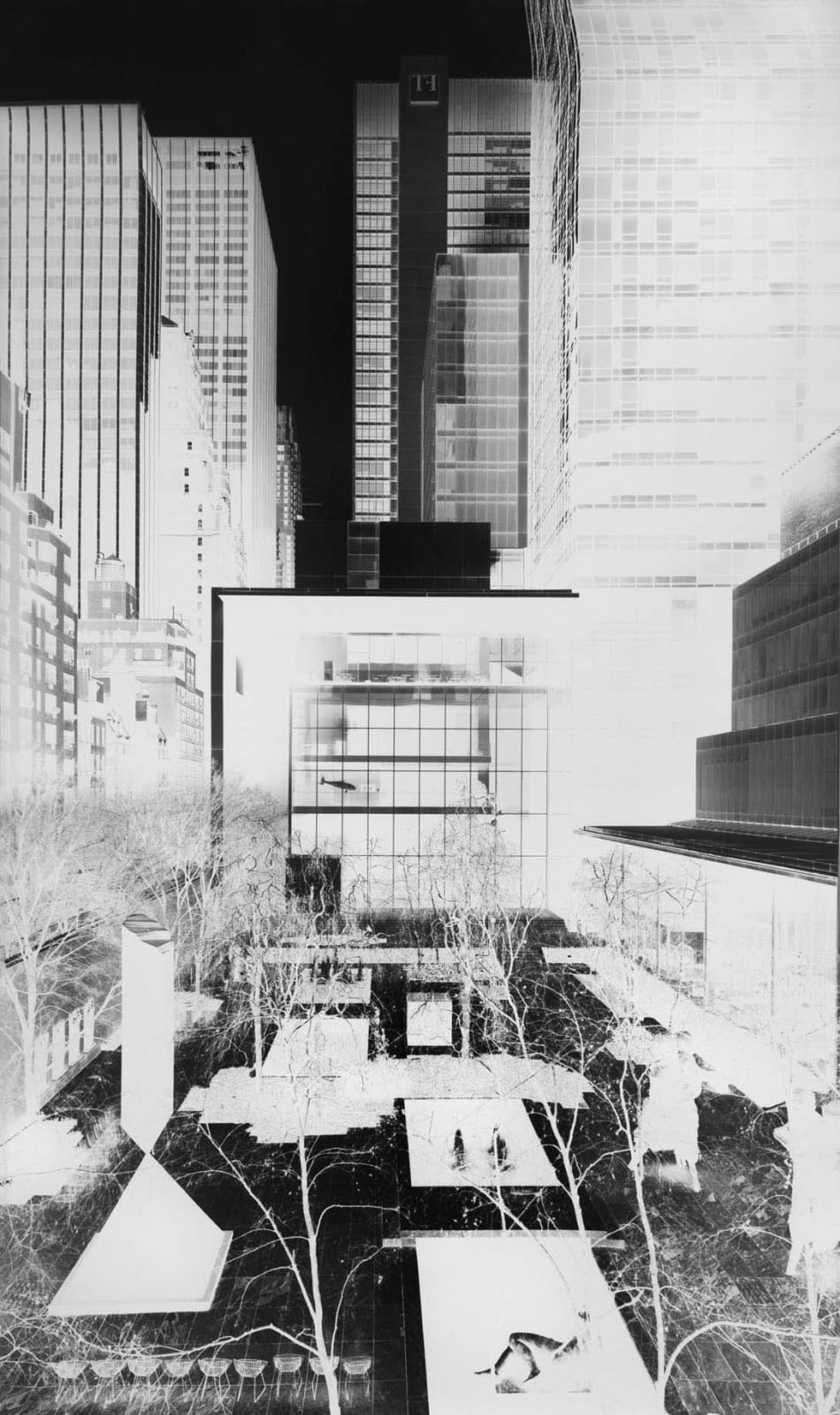 Vera Lutter The Museum of Modern Art, V: April 18 inverse black and white image of MoMA sculpture garden