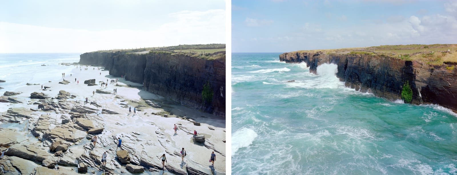 Diptych with low tide and high tide at Playa de las Catedrales in Ribadeo, Spain by Massimo Vitali