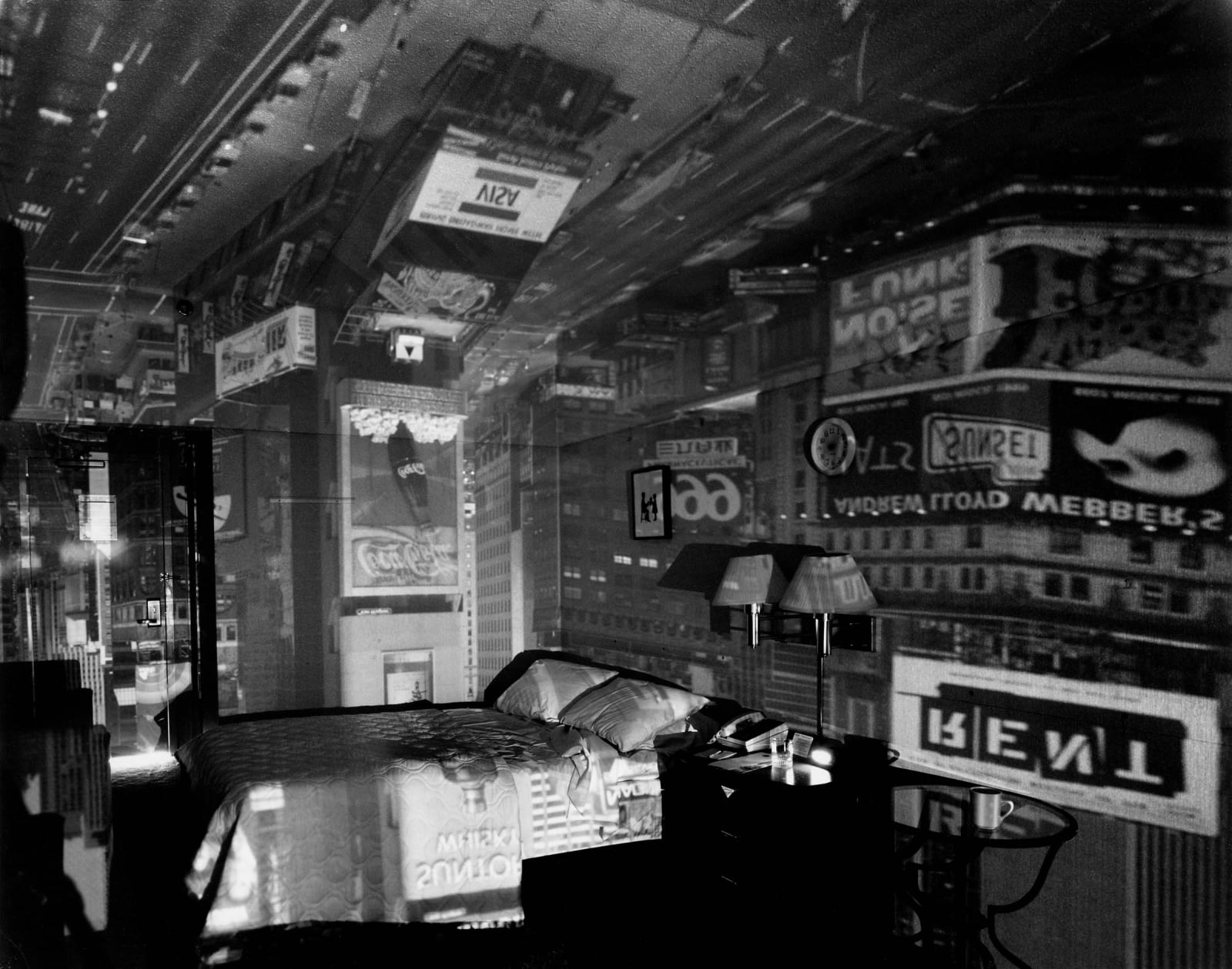 Abelardo Morell Camera Obscura Times Square in Hotel Room in black and white with Rent sign 